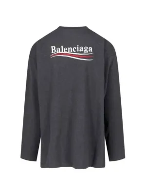 Balenciaga Embroidered Logo Cotton Long Sleeve T-Shirt Grey