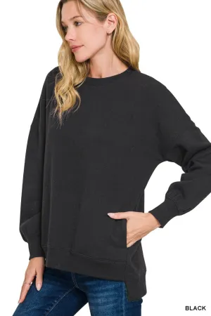 Fleece Hi-Low Boyfriend Sweatshirt with Pocket - Black