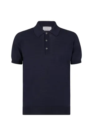 Huntsman x Smedley Peacoat-Blue Merino/Cotton Polo Neck