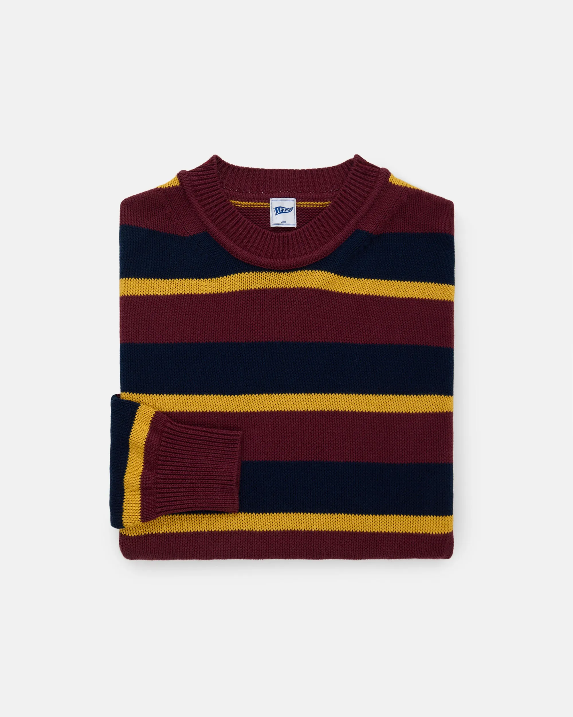 NAVY/BURGUNDY STRIPE CREWNECK SWEATER - TRIM FIT