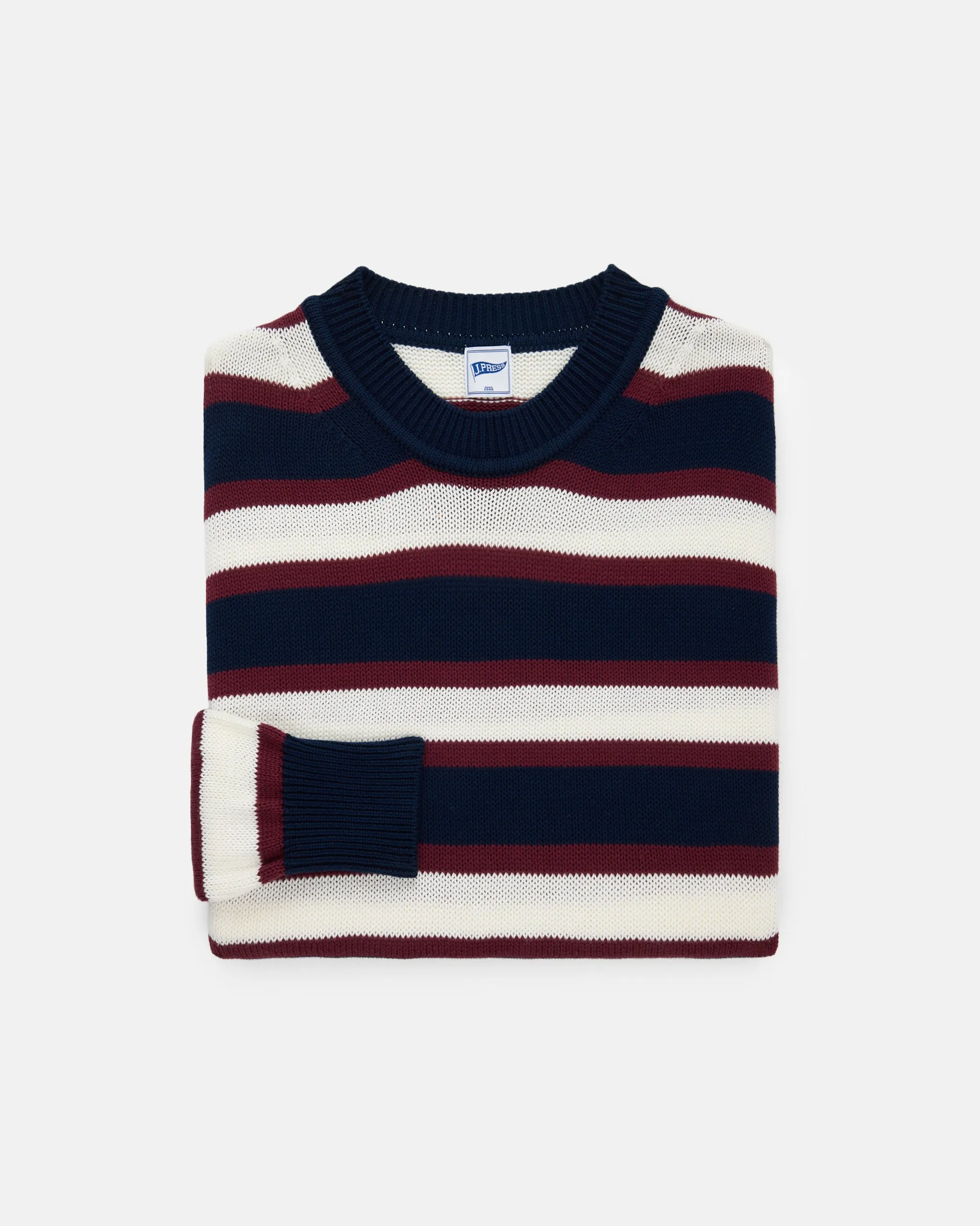 NAVY/CREAM STRIPE CREWNECK SWEATER - TRIM FIT