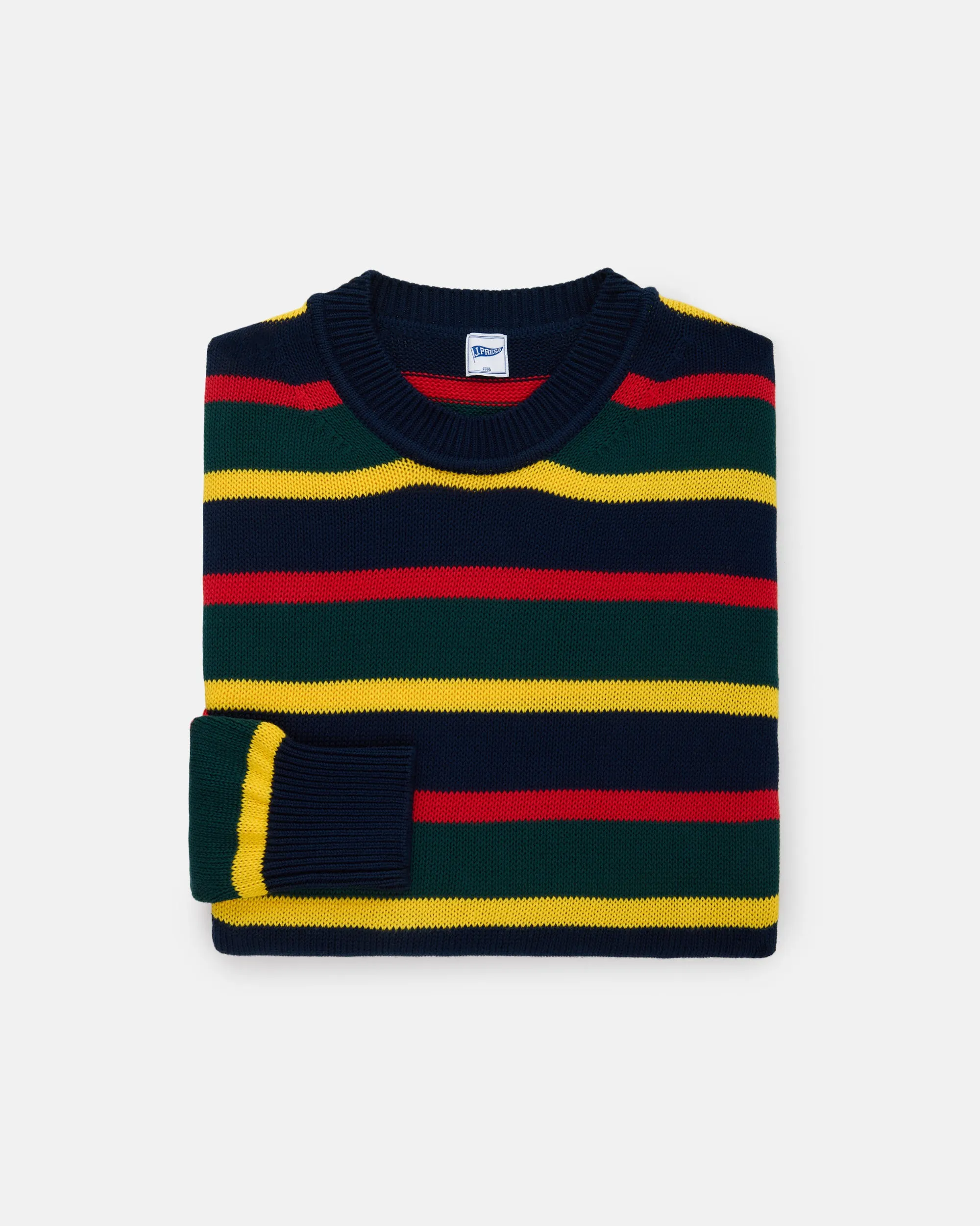 NAVY/GREEN STRIPE CREWNECK SWEATER - TRIM FIT