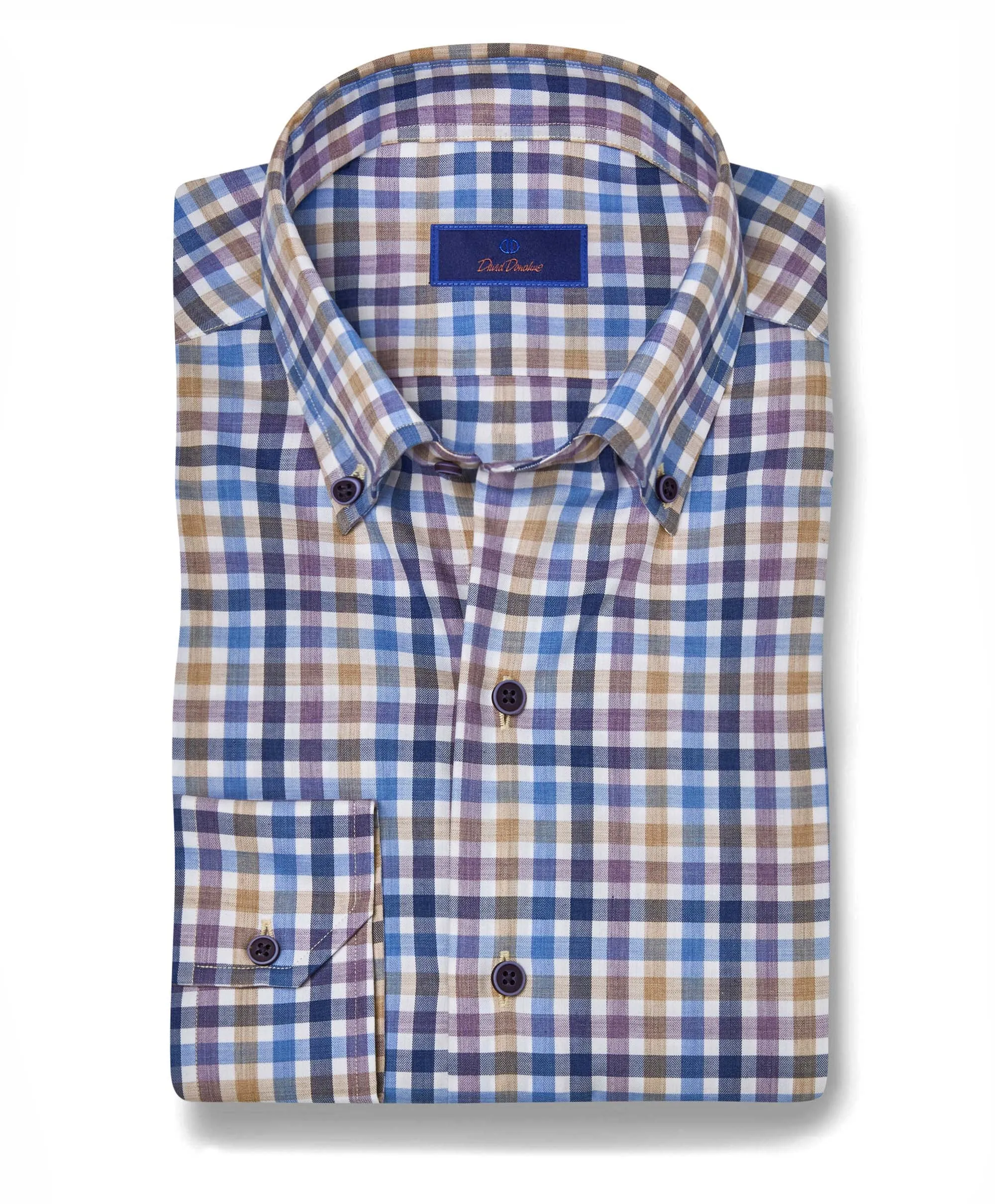 Purple Tan Linen Check Shirt | David Donahue