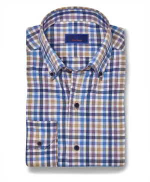 Purple Tan Linen Check Shirt | David Donahue