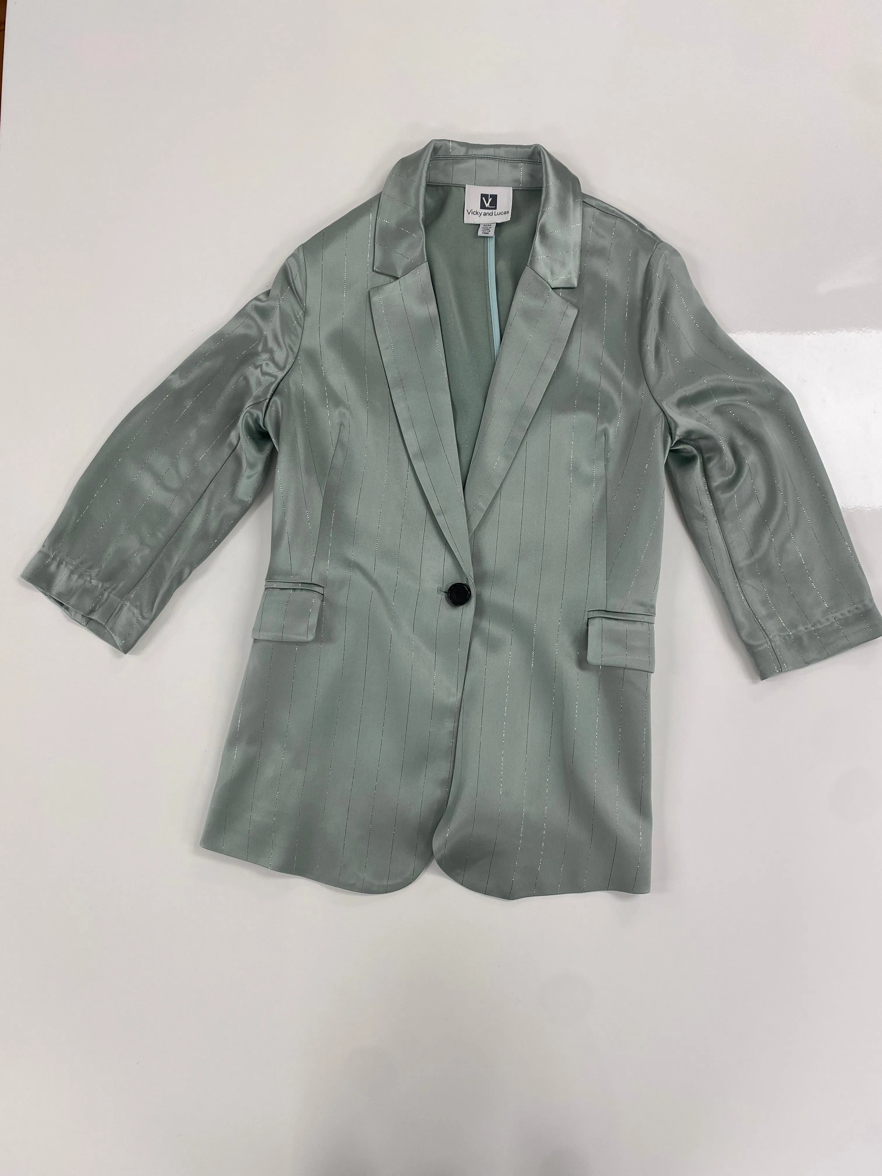 Shiny Silk Feel Green Blazer with Silver Stripes