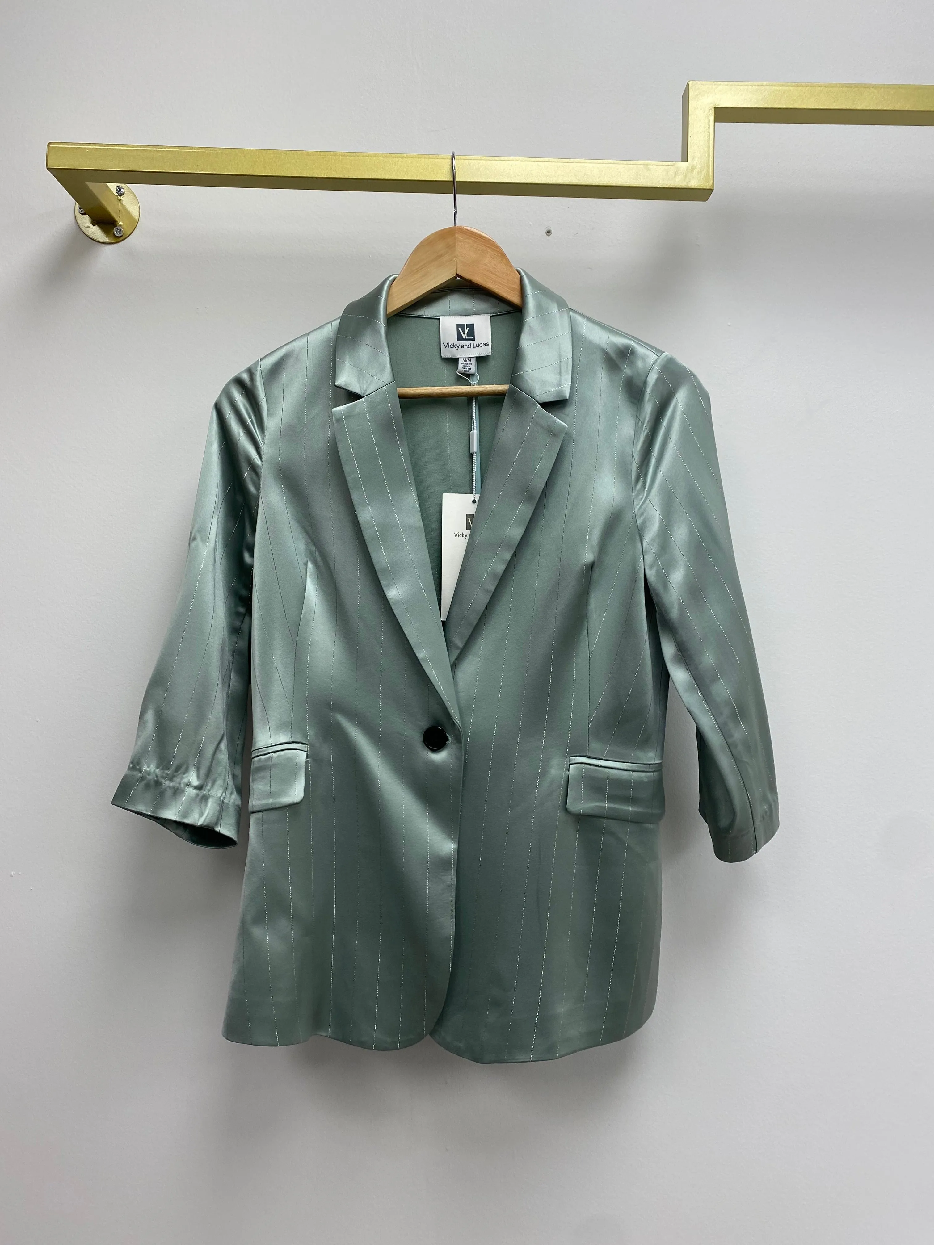 Shiny Silk Feel Green Blazer with Silver Stripes